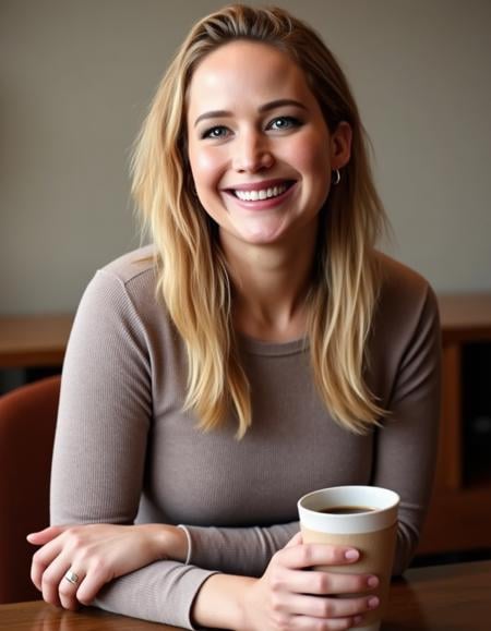 <lora:Jennifer_Lawrence_Flux:1> Realistic photo of 1girl, jenlawrence, blonde hair,  wearing a fitted sweater dress,  sitting in a cafe having a coffee, looking at the viewer smiling