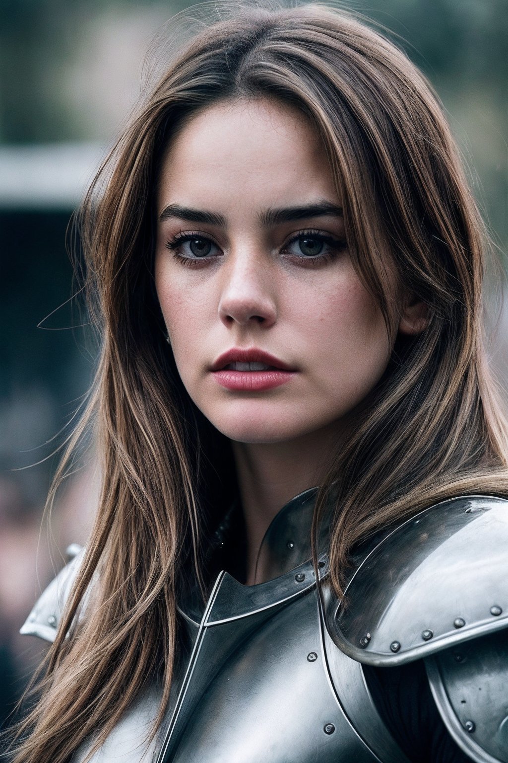 MakenzieR_SoloTI,  (In a battle-worn suit of silver armor,  with a tattered red cloak draped over her shoulders by Solo on...
