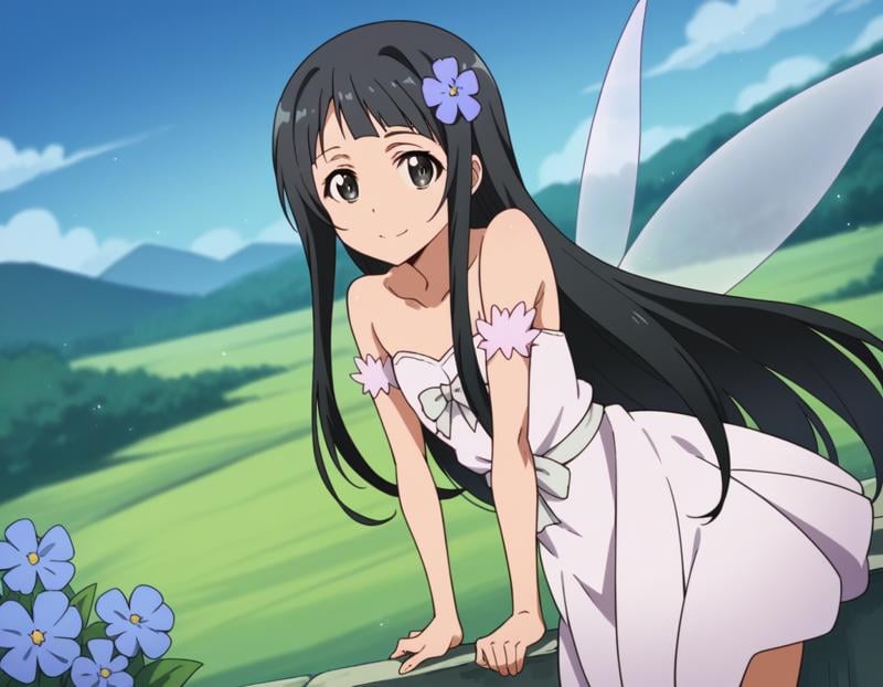 score_9, score_8_up, score_7_up, source_anime,saoyui, <lora:sao-yui-s1-alo-ponyxl-lora-nochekaiser:0.8>,yui, long hair, bangs, black hair, hair ornament, very long hair, flower, hair flower, black eyes,dress, bare shoulders, collarbone, wings, fairy wings, fairy,outdoors, landscape, smile, bent over,cowboy shot, looking at viewer, solo, dutch angle,