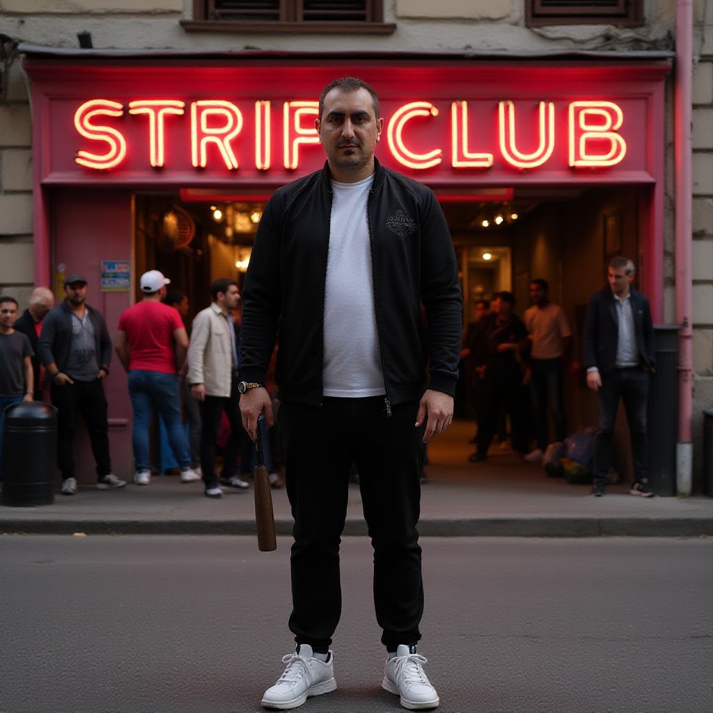 ogi 35-year-old man in a black tracksuit,  white T-shirt,  white sneakers. He's standing outside a strip club with an iron...
