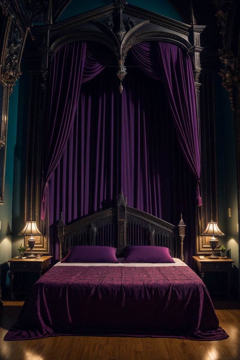 photography, bedroomgothic twinbed, gothic, dim light, mirror, gargoyle, dark curtains, satan paintings, ornament, wooden floor, purple light, dawn, <lora:ARWBedroomGothic:1>