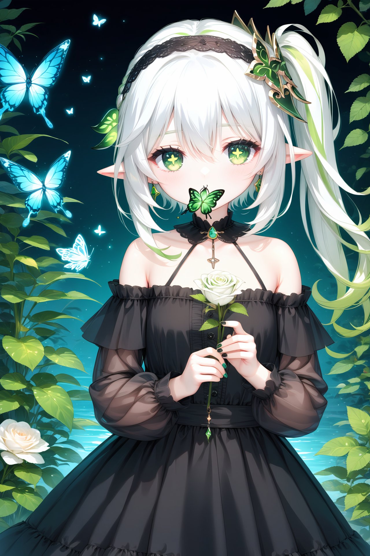 (masterpiece),(best quality),illustration,ultra detailed,hdr,Depth of field,(colorful),1girl,black flower,black rose,rose,nahida (genshin impact),solo,green eyes,flower,pointy ears,butterfly,side ponytail,holding,bug,black nails,dress,holding flower,white hair,looking at viewer,long hair,jewelry,hair ornament,alternate costume,hair between eyes,green hair,symbol-shaped pupils,frills,black dress,choker,hairband,green nails,nail polish,black choker,bare shoulders,upper body,collarbone,multicolored hair,off shoulder,earrings,off-shoulder dress,lolita fashion,covered mouth,white rose,green flower,gem,long sleeves,black headwear,cross-shaped pupils,