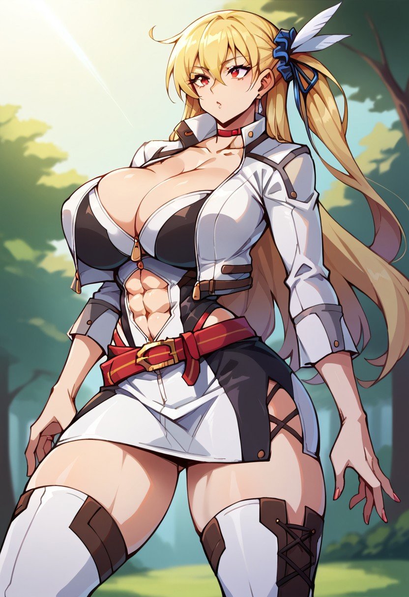 score_9, score_8_up, score_7_up, BREAK, sen3alisa, blonde hair, side ponytail, scrunchie, choker, white jacket, white dress, red belt, thigh boots, large breasts,torso, beautiful face, (revealing clothes), (tight outfit: 1.4), tall girl, abs, fit, huge bust, slut,forest background, breast implants, fake tits