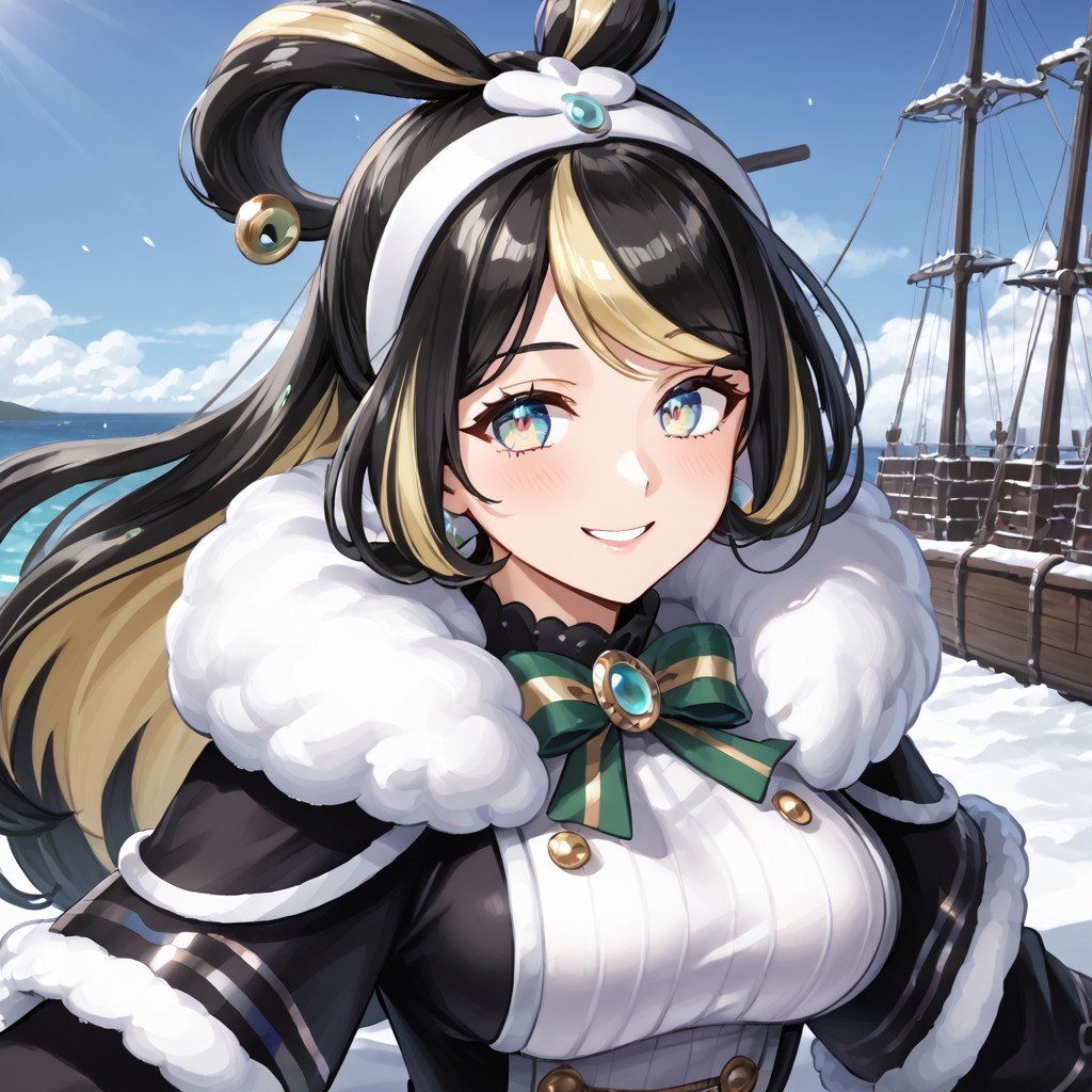 On the ship,  outside,  smiling at the viewers by CoffeeSan on Tensor.Art