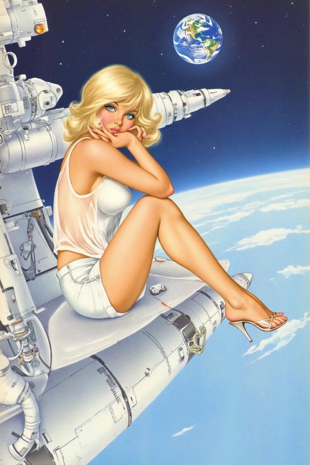 a1bertova illustration.Profile view of a blonde,  floating weightless,  space station. She is wearing a white tanktop by N...