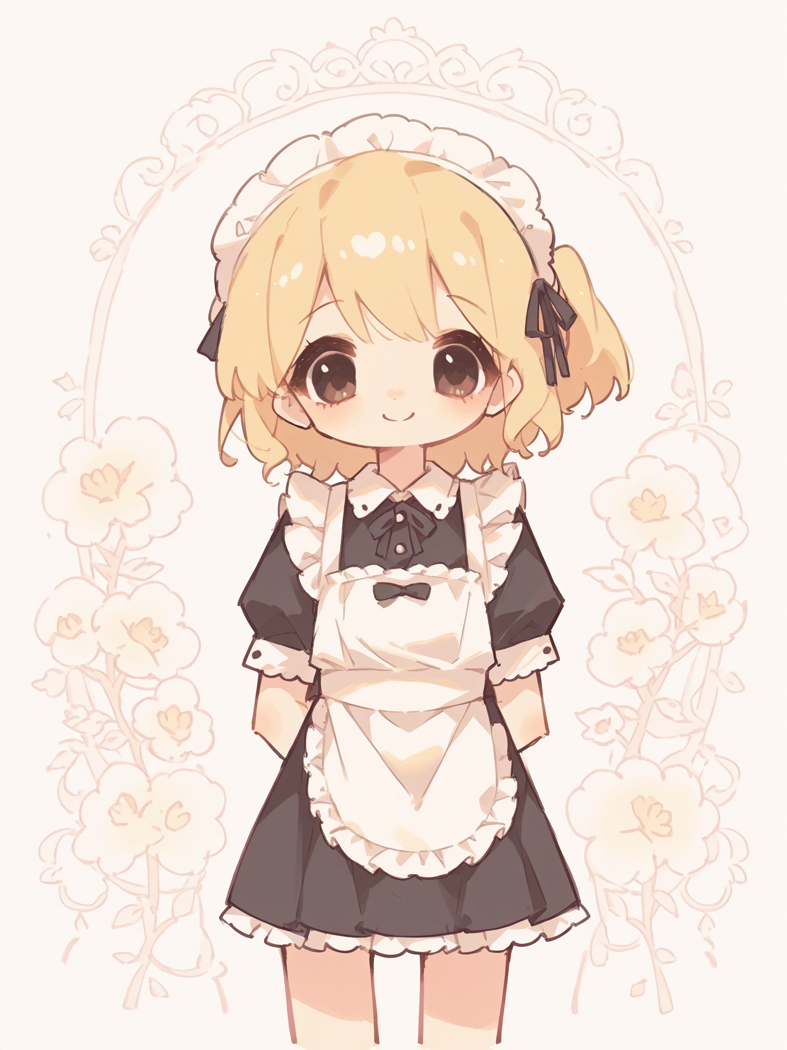 score_9, score_8_up, score_7_up, score_6_up, score_5_up, score_4_up, source_anime, rating_safe, 1girl, maid, maid headdress, short skirt, blonde hair, cowboy shot, smile,