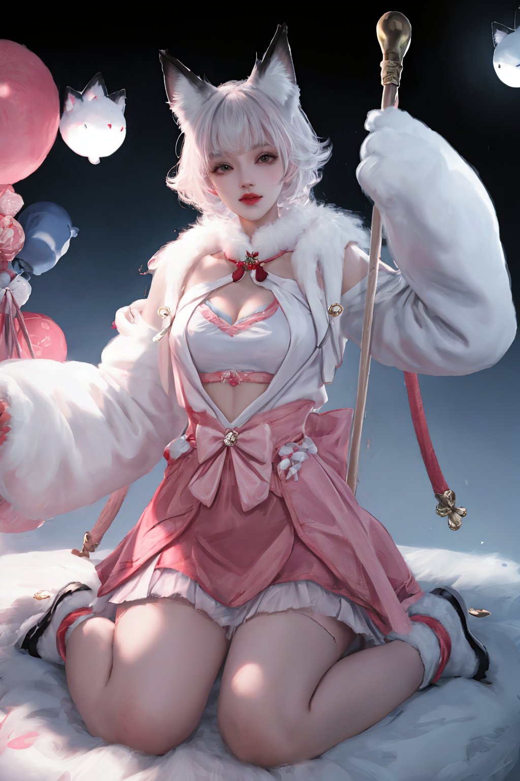 future008,Fox ears,Fox tail,White skirt,Fur trim,Korean clothing,Paw gloves,Paw shoes,Pink skirt,<lora:future0511-shenmiao:0.8>,city,wariza,