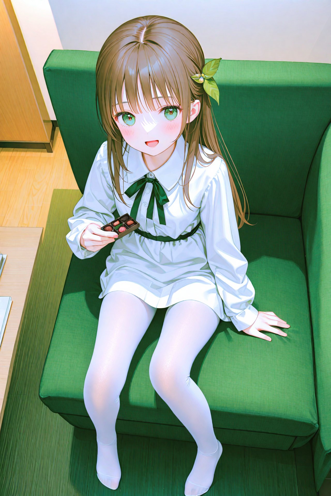 masterpiece,best quality,illustration,ultra detailed,hdr,Depth of field,(colorful),[iumu],[Artist chen bin],Artist himitsu_(hi_mi_tsu_2),1girl,solo,hair_ornament,pantyhose,sitting,long_hair,green_eyes,looking_at_viewer,brown_hair,dress,open_mouth,shirt,white_shirt,white_pantyhose,indoors,no_shoes,blush,long_sleeves,bangs,chocolate,bow,leaf_hair_ornament,couch,box,food,holding,valentine,dated,from_above,breasts,smile,collared_shirt,