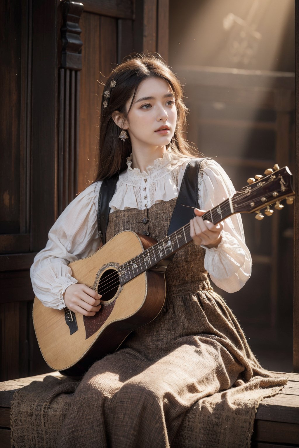 masterpiece,best quality,ultra high res,photorealistic,fractal art,cowboy shot,1girl,Medieval minstrel dress with musical instrument accents and rich colors,mottled sunlight,