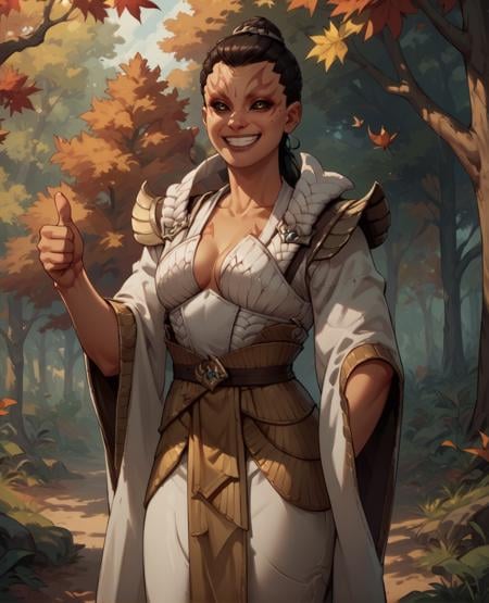 score_9,score_8_up,score_7_up,score_6_up,pants,ashrah,black hair,white robes. gold trim,cleavage,black sclera,facial mark,smile,standing,  thumbs up, morning,autumn,forest,<lora:ashrahMK1-XL10:0.8>,