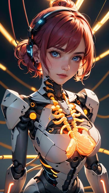 (best quality, masterpiece, perfect face, beautiful and aesthetic:1.2, colorful, dynamic angle, highest detailed face)((Full shot)), (highly detailed illustration), ((Chest covered)), ((1mechanical girl)), solo, (lucent nacre exoskeleton) ((upper torso hanging by gloing wires)), ((Hanging by glowing wires and glowing tubes)), (machine made joints:1.2), ((machanical limbs)), (blood vessels connected to glowing tubes), (mechanical vertebra attaching to back), ((mechanical cervial attaching to neck)), (sitting), (chest covered), (glowing wires and glowing cables attaching to neck:1.2), (glowing wires and glowing cables on head:1.2), (character focus), science fiction, extreme detailed, colorful,, 35mm, bokeh, 9:16, (intricate details, hyperdetailed:1.15), detailed, sunlight passing through hair (high contrast, official art, extreme detailed, highest detailed),