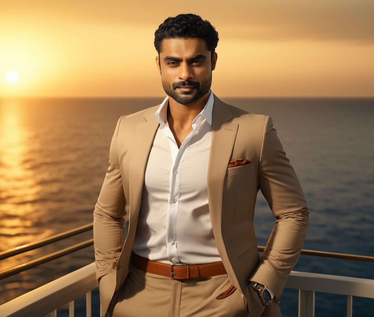 Nautical-themed of rege-jean page a man in a tan suit standing on a balcony,  sun behind him,  inspired by Pablo Munoz Gom...