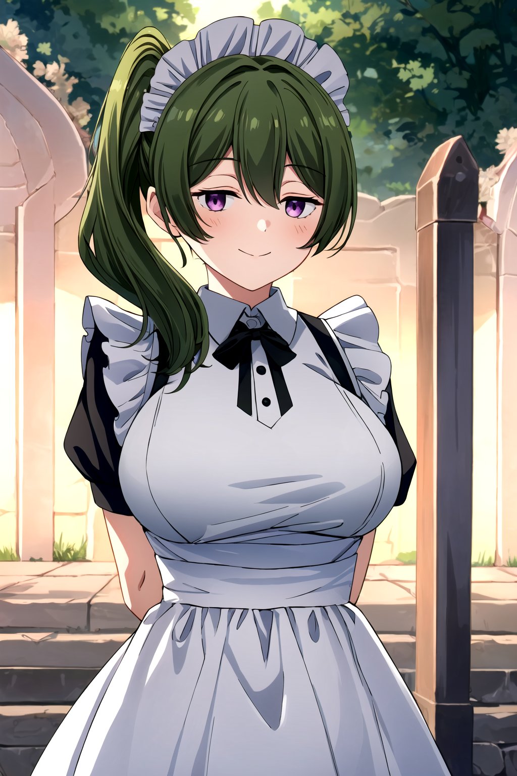 (masterpiece, best quality, highres, dynamic lighting), <lora:add_detail:0.4>, looking at viewer, blush, closed mouth, happy, mature female, large breasts, looking at viewer, outdoors, <lora:ubel-10:0.7>, ubel, side ponytail, maid, pink maid, arms behind back