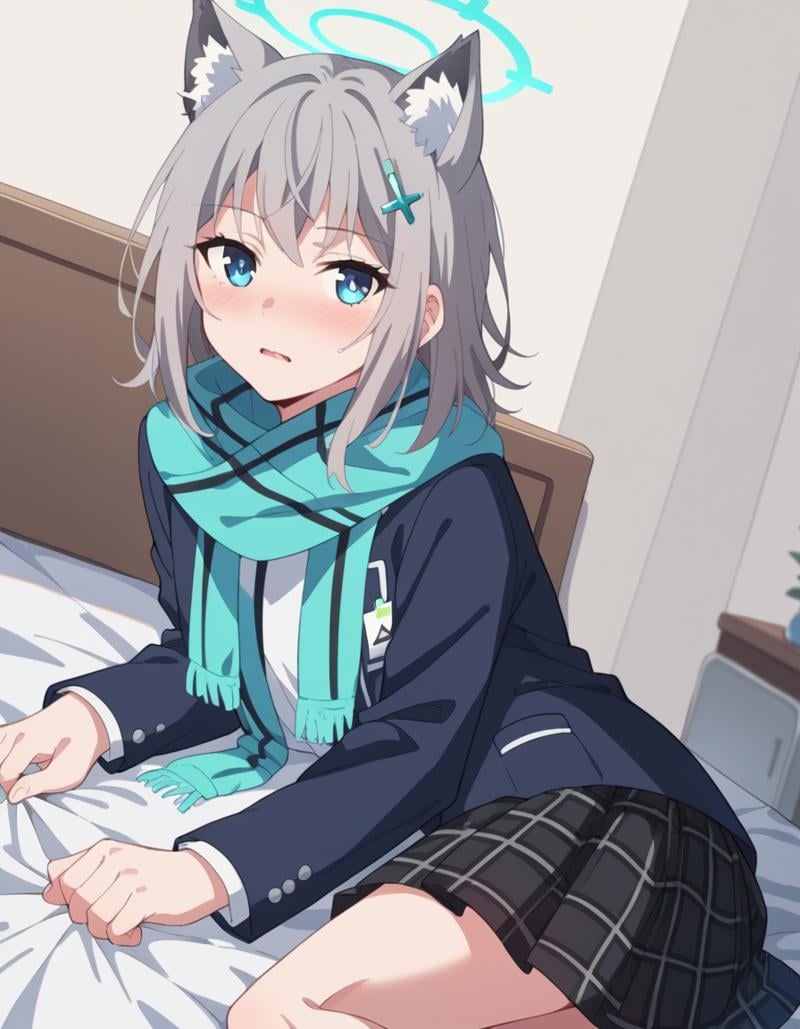 score_9, score_8_up, score_7_up, source_anime, <lora:shiro-sunaookami-s1-ponyxl-lora-nochekaiser:1>, shiroko sunaookami, animal ears, blue eyes, grey hair, hair ornament, hairpin, halo, medium hair, wolf ears,, checkered clothes, checkered skirt, school uniform, skirt, scarf,, indoors, bed, bed room, on side, blush, drunk, looking at viewer, solo, cowboy shot, dutch angle