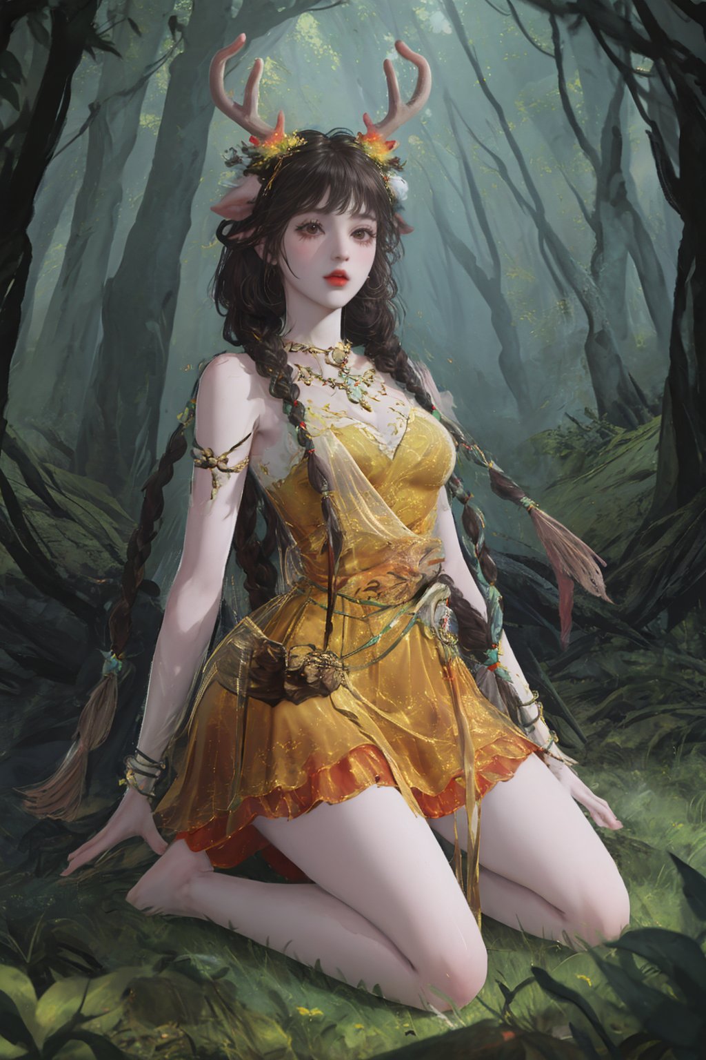 future0511,deer ears,antlers,twin braids,Hair accessories,horn,Double braids,Yellow dress,<lora:future0511-沈妙鹿:0.9>,forest,barefoot,solo,