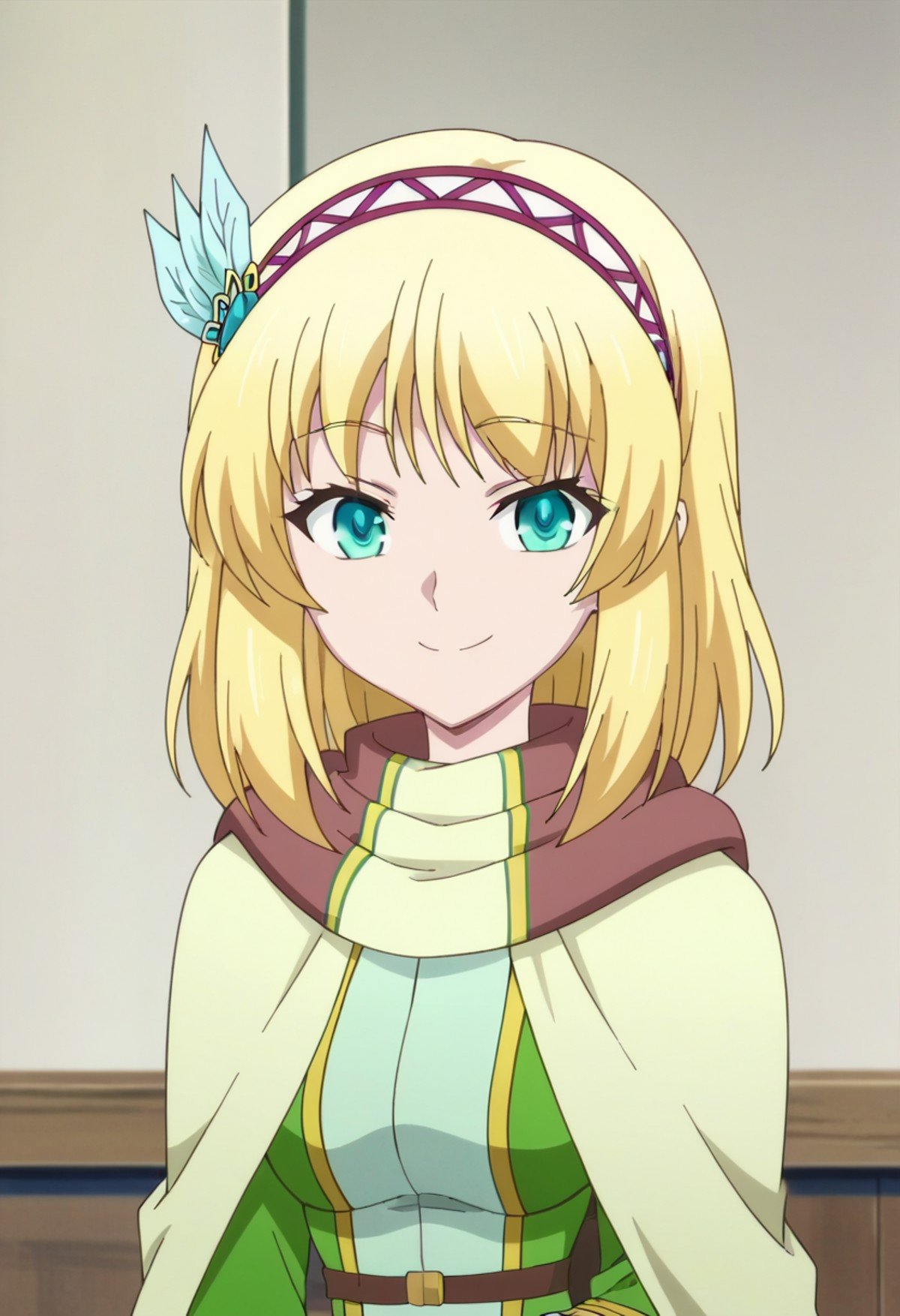 score_9, score_8_up, score_7_up, score_6_up, score_5_up, score_4_up , anime coloring ,BREAK source_anime, anime,screencap,1girl, solo, bangs, blonde hair, hair ornament, long sleeves, green eyes, hairband, medium hair, cape, aqua eyes, feather hair ornament, <lora:PonyXL Cayna V1:1>indoors, looking at viewer, upper body, smile, 