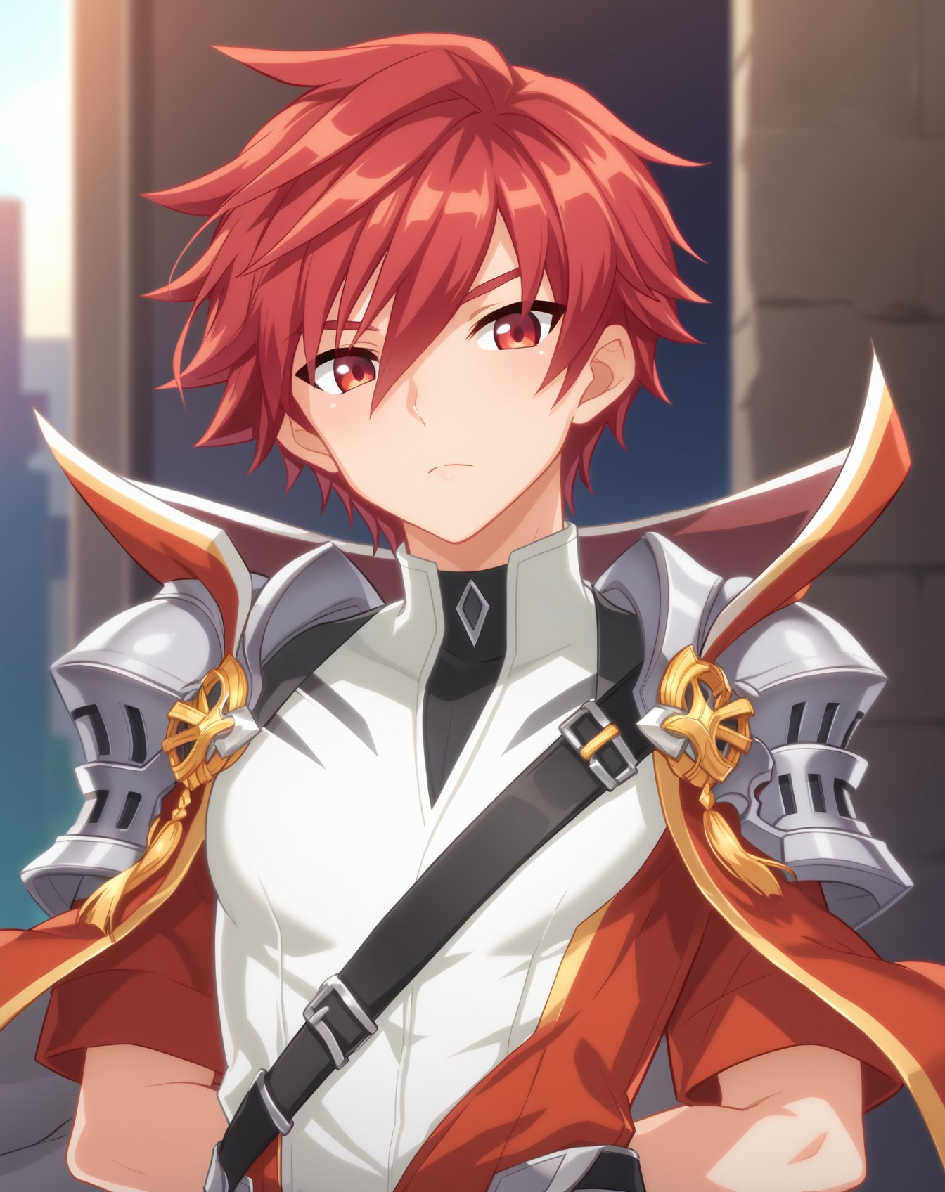 score_9, score_8_up, score_7_up, source_anime, anime screencap, depth of field, questionable, BREAK,1boy, solo, yaoi, male focus, mature male, looking at viewer, facing viewer, standing, straight-on, arms at sides, cowboy shot, <lora:elsword_knight_emperor:1> elswordknightemperor, red hair, red eyes, short hair, hair between eyes, spiked hair, casual, 