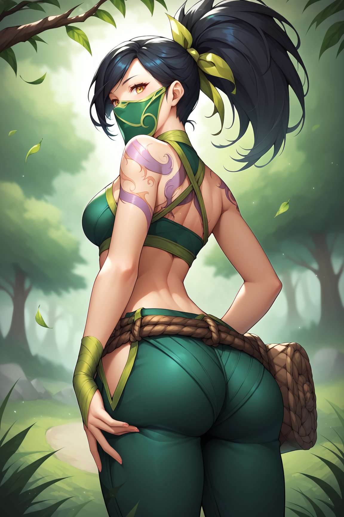 score_9, score_8_up, score_7_up, score_6_up, score_5_up, score_4_up, AkaliLoLXL, green mouth mask, yellow eyes, black hair, swept bangs, green ribbon, hair ribbon, long ponytail, arm tattoo, tattoo, medium breasts, bare shoulders, green crop top, leaf on hand, navel, rope belt, cylinder bag, hip vent, green pants, standing, from behind, ass focus, big ass, ass, looking at viewer, forest, tree  <lora:AkaliLoLXL:0.8>