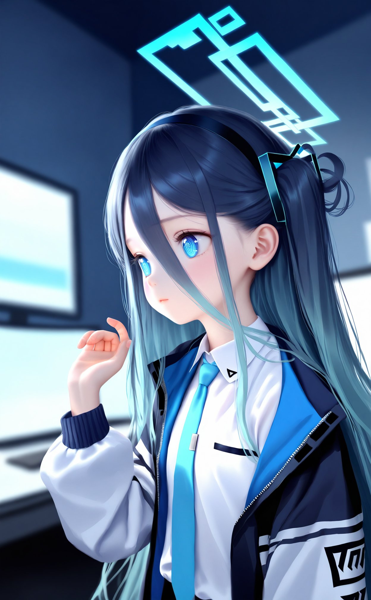 masterpiece,best quality,realistic,loli,1girl,aris (blue archive),blue eyes,solo,long hair,necktie,jacket,hair between eyes,shirt,blue necktie,black hair,white shirt,collared shirt,halo,upper body,long sleeves,open clothes,blurry,very long hair,long bangs,open jacket,one side up,blue hair,dark blue hair,blurry background,ringed eyes,hairband,indoors,school uniform,hand up,closed mouth,monitor,