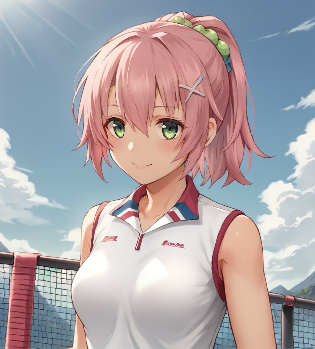 score_9, score_8_up, score_7_up, source_anime, BREAK,<lora:TrailsOfColdSteel-ClassVII:0.9>, junatennis, pink hair, ponytail, hair ornament, green eyes, medium breasts, tennis uniform, sportswear, white sneakers, black socks,BREAK,1girl, solo, happy, looking at viewer, upper body, portrait,BREAK,nyonyonba_tarouBREAK,1girl, outdoors, sky, clouds, distant mountains,