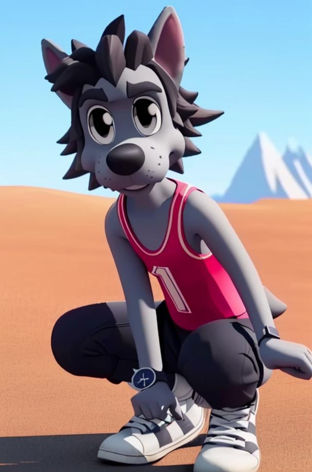 NuPogodiNewWolf, (tank top, watch, shoes), (masterpiece:1.2), hires, ultra-high resolution, 8K, high quality, (sharp focus:1.2), clean, crisp, cinematic, <lora:Vlk-18:0.7>