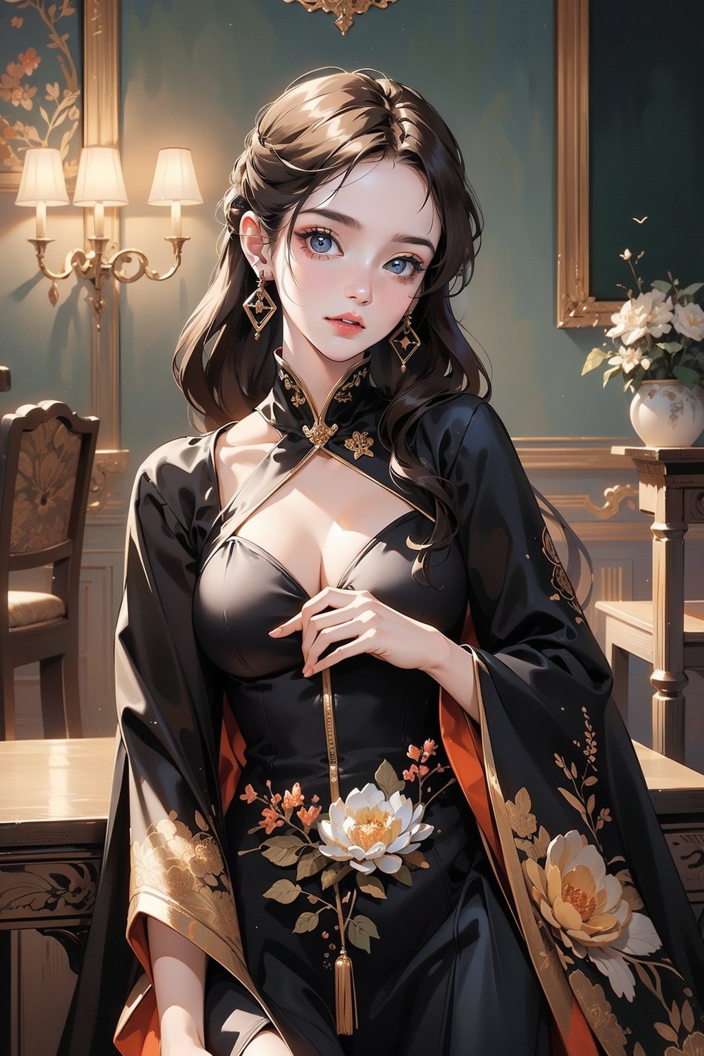 masterpiece,best quality,ultra-detailed,1girl,in the classroom,black theme,gold edge,<lora:md_20230907194637-000009:0.7>,illustration,