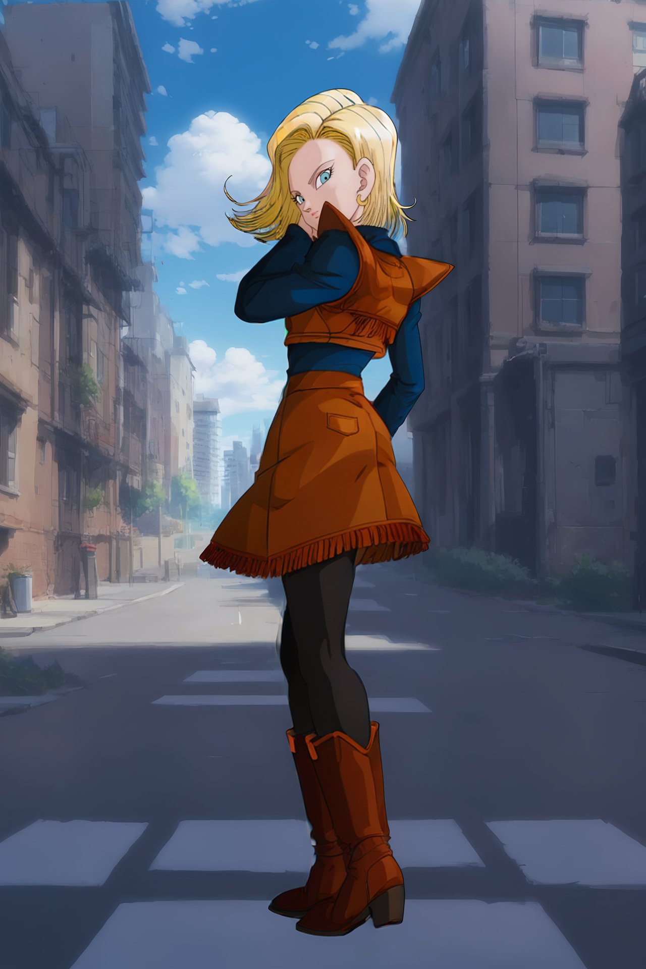 source_anime, score_9, score_8_up, score_7_up, anime screencap, high quality, android 18, cow girl outfit, anime coloring, official style, 1girl, solo, looking at viewer, blue eyes, blonde hair, standing, full body, pantyhose, outdoors, sky, day, looking back, cloud, tree, blue sky, black legwear, wind, building, hand in own hair, city, pavement, cityscape, brown footwear, brown jacket, brown skirt, from side, cowboy boots, eyelashes, hand on hip, shoulder pads, long sleeves, v-shaped eyebrows, v-shaped eyes <lora:c18_pony:0.8>