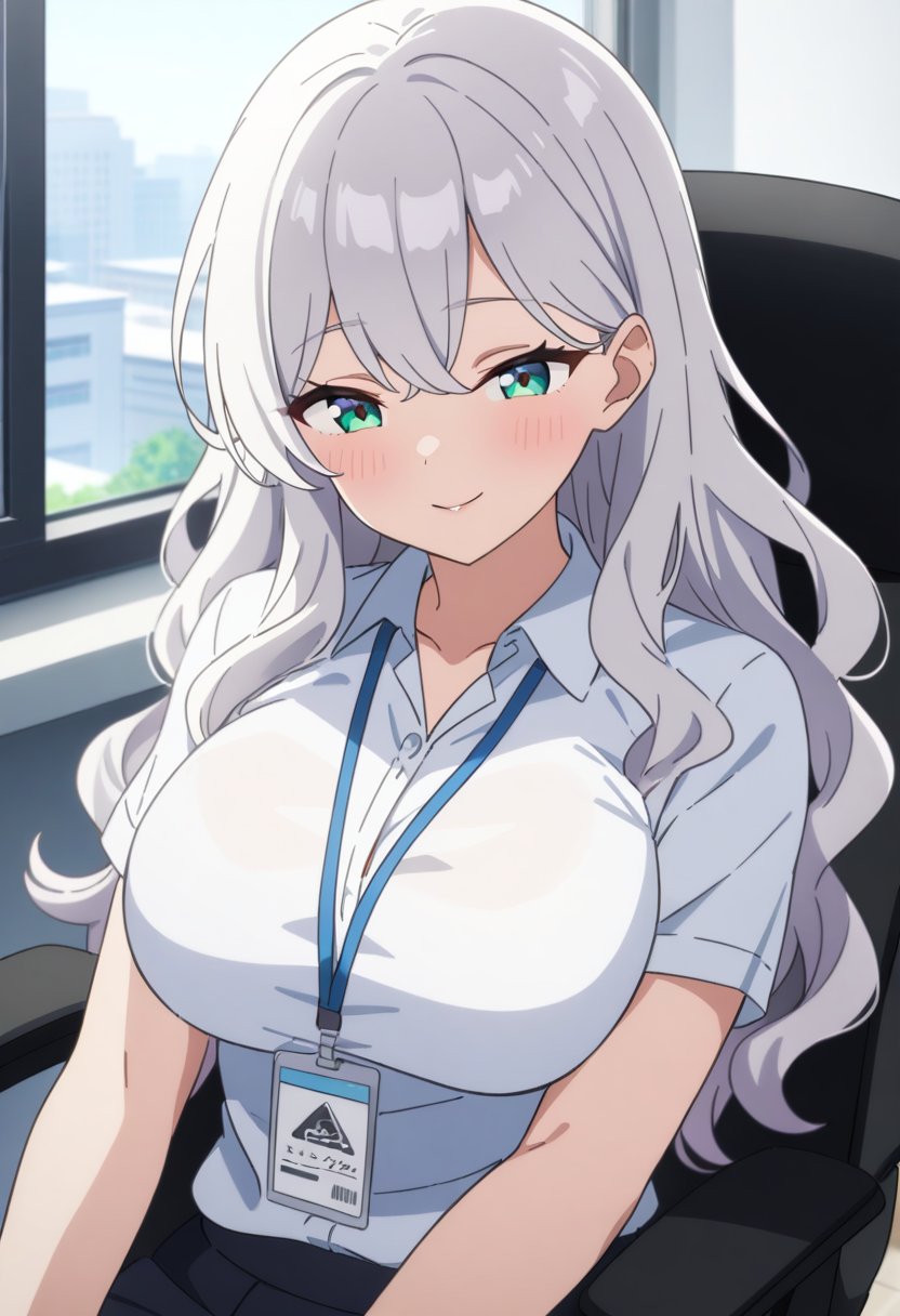 1girl, solo, anime coloring,long hair, wavy hair, silver hair, green eyes, large breasts, white shirt, collared shirt, seductive smile, lanyard,window, sitting, office chair, office, masterpiece, best quality, very aesthetic, absurdres,