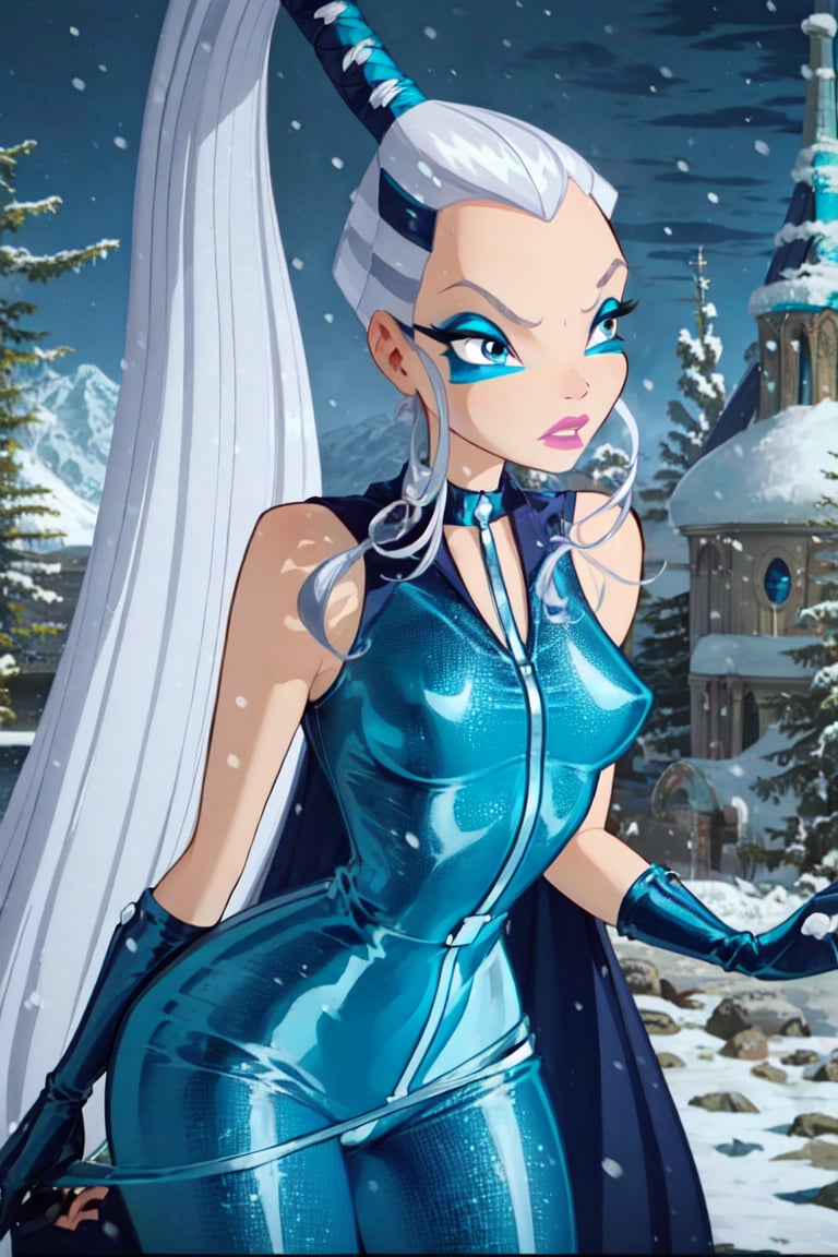 (Icy), blue eyes, white hair, ponytail, very long hair, eyeshadow, (WitchOutfit), sleeveless, (dark-blue bodysuit:1.2), knee boots, gloves, (long blue cloak), snow storm background, snowy background, mountains, blue ambience, snow powers, (realistic:1.2), (masterpiece:1.2), (full-body-shot:1),(Cowboy-shot:1.2), neon lighting, dark romantic lighting, (highly detailed:1.2),(detailed face:1.2), (gradients), colorful, detailed eyes, (detailed landscape:1.2), (natural lighting:1.2), close shot, solo, <lora:WinxClubIcy-10:0.9> <lora:add_detail:0.3> <lora:BeautifulEyes:0.6> <lora:WinxComiss_Style-15:0.6>