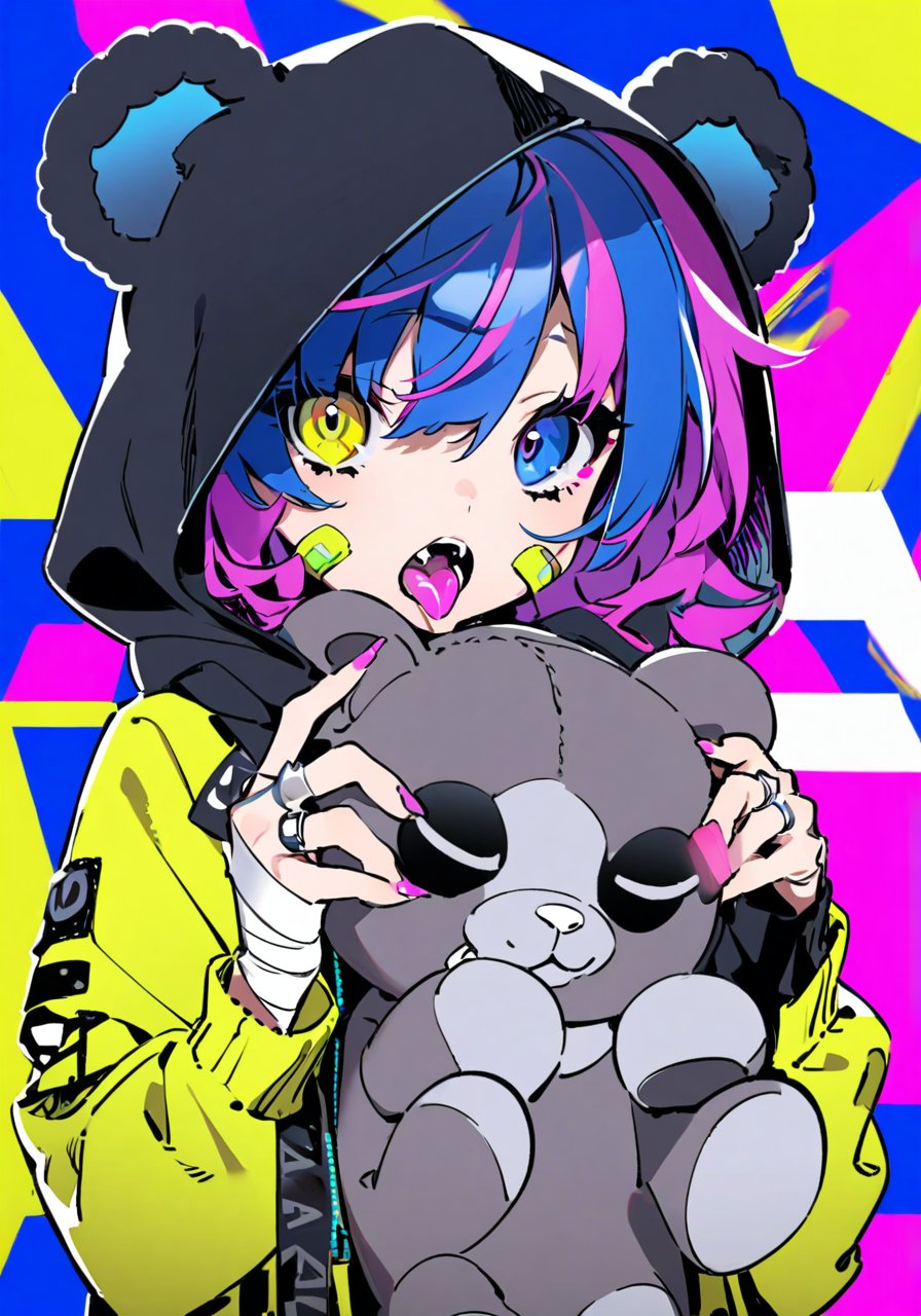 masterpiece, best quality, <lora:yoneyama-a31-000020:1>,yoneyama mai,1girl, solo, heterochromia, blue eyes, hood, scarf, tongue, tongue out, yellow eyes, holding, hood up, ring, stuffed toy, looking at viewer, bandaid, stuffed animal, jewelry, long sleeves, upper body, bandaid on hand, bangs, hair between eyes, multicolored hair, teddy bear, animal hood, hoodie, virtual youtuber, purple hair, hands up, sleeves past wrists, animal ears, jacket, tongue piercing, colored tongue, bandaid on face, bandaid on cheek, open mouth, spot color, blue hair, multicolored background, multicolored eyes, bandages, blue background