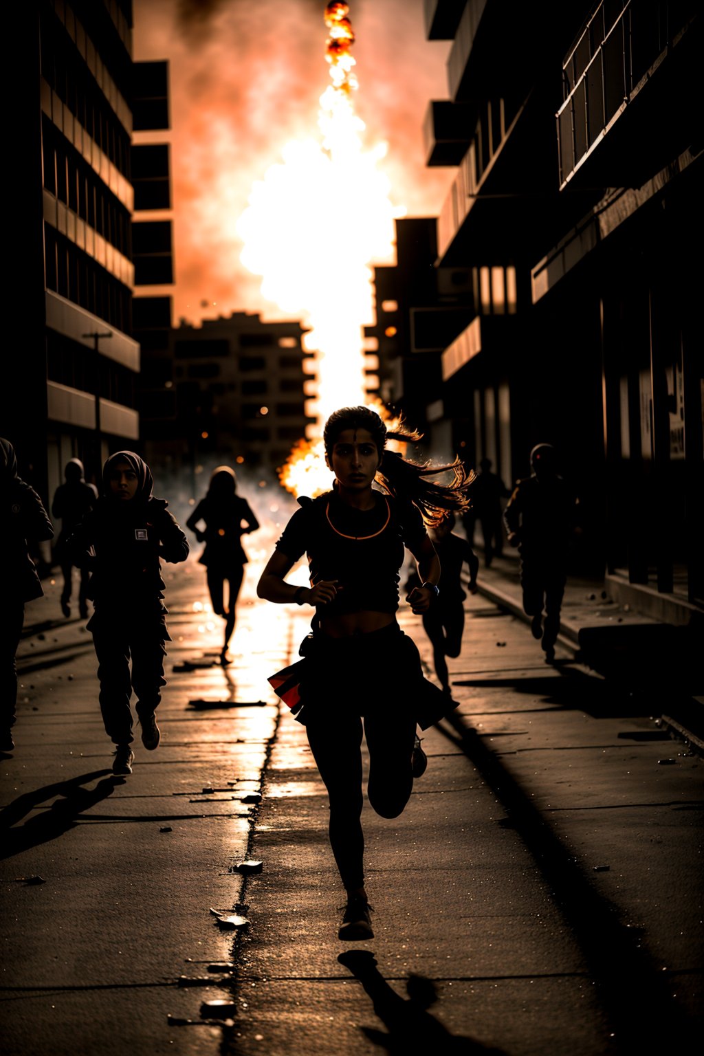 Medium format dark aesthetic photo, (Iranian girl running:1.3), Chaotic street protest, Tense atmosphere, (Flames lighting night sky:1.2), Intense urgency, Silhouettes in turmoil, Cracks of unrest, (Dramatic shadows:1.2), Captured with a Hasselblad 500C/M, 80mm f/2.8 lens, Intense shadows, Vivid contrast, Realistic details, Heightened drama