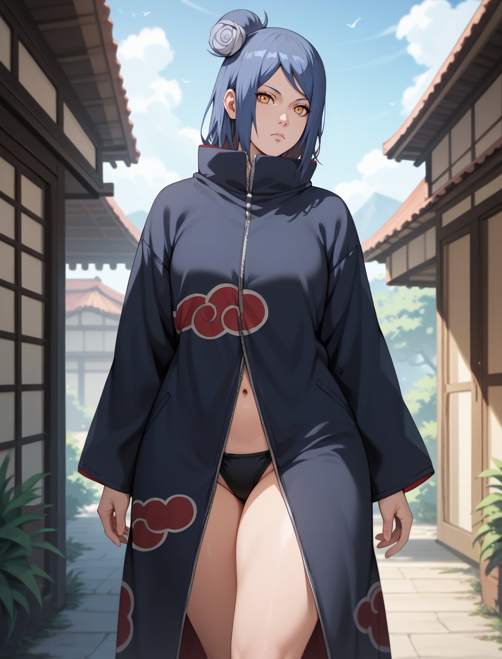 score_9, score_8_up, score_7_up, score_6_up, rating_safe, Konan/Naruto, 1girl, solo, hot girl, sexy girl, blue hair, hair ornament, hair bun, single hair bun, amber eyes, expressionless, big boobs, nice thighs, nice ass, looking at viewer, standing, black bikini<lora:EMS-381501-EMS:0.800000>