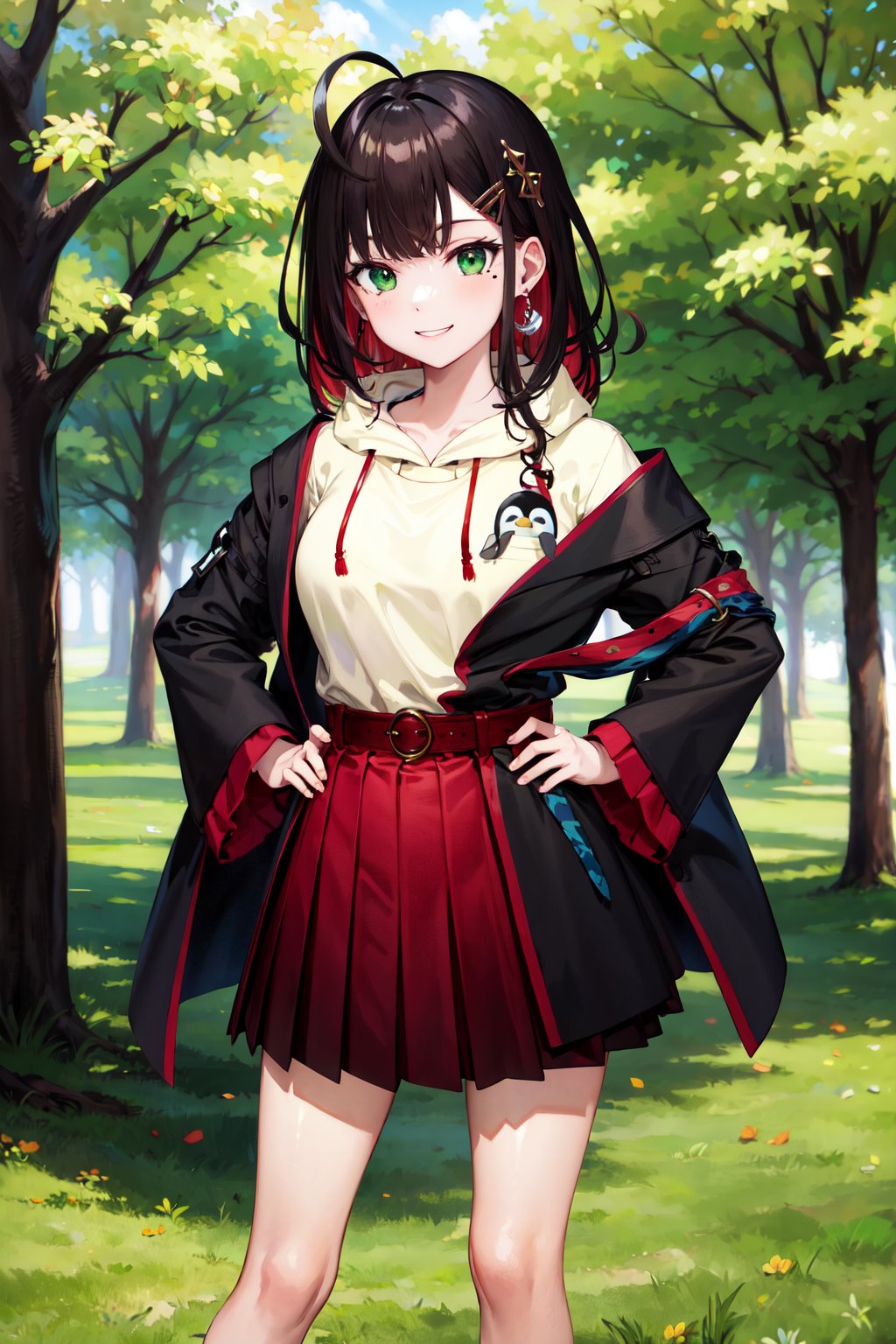 masterpiece, best quality, highres, aayui, medium hair, multicolored hair, hair ornament, ahoge, green eyes, mole under eye, earrings, collared shirt, hoodie, penguin, hood, black jacket, open clothes, long sleeves, belt, red skirt, pleated skirt, <lora:hizuki_yui_v1:0.7>, standing, cowboy shot, outdoors, smile, hand on hip, 