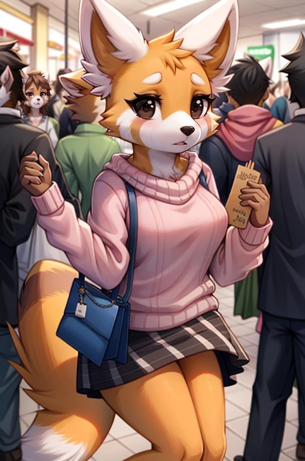 1girl, RetsukoCzar, (two-toned fur, orange fur, black eyes, whiskers, animal ears, racoon tail, striped tail, snout), (skirt, sweater, purse, shopping bags), (interior, shopping center, signs, sale signs, clothing, crowd, crowded, mannequin), (masterpiece:1.2), hires, ultra-high resolution, 8K, high quality, (sharp focus:1.2), clean, crisp, cinematic, <lora:Retsuko-20:1>