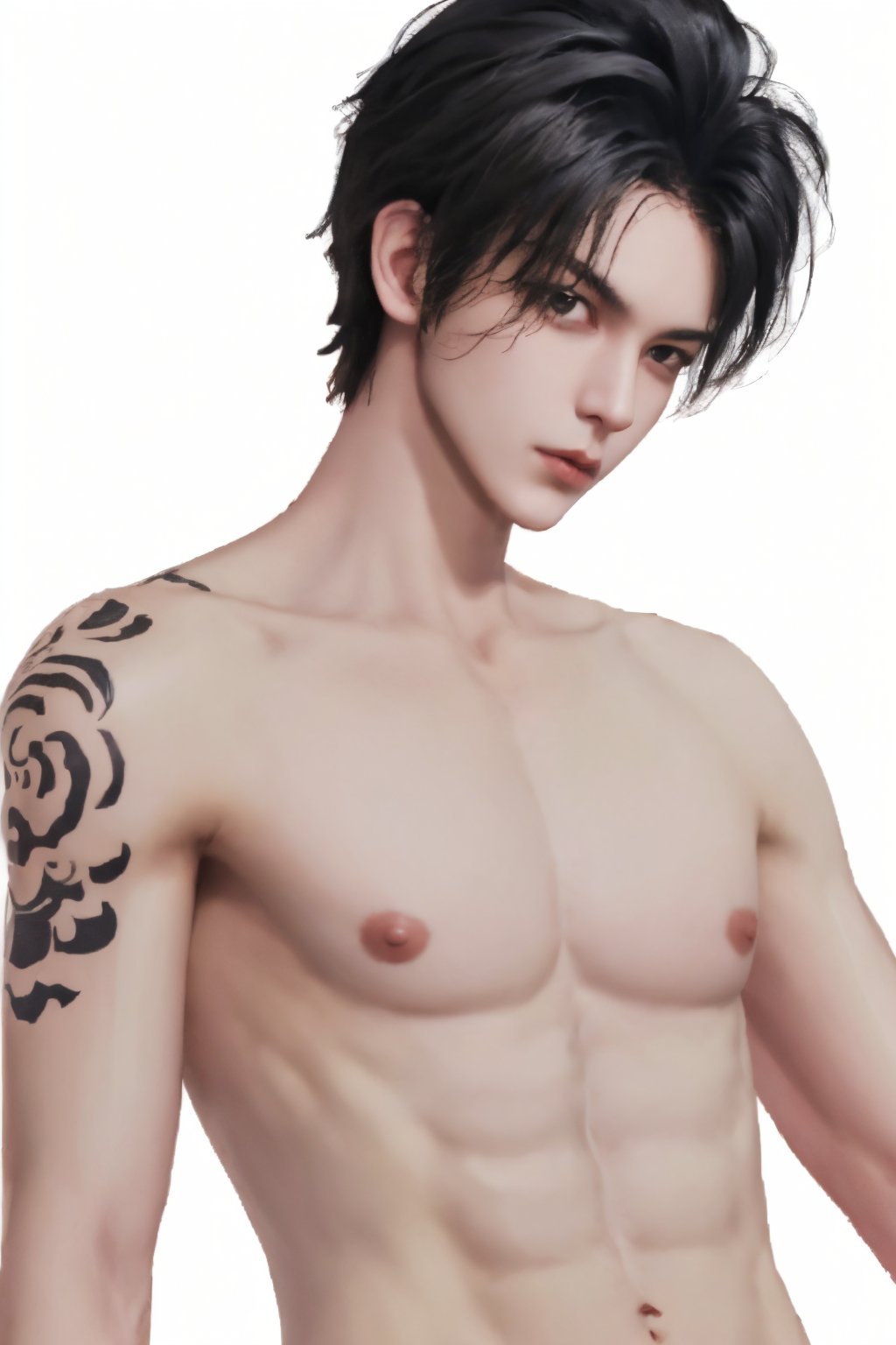 1boy,male focus,solo,black hair,tattoo,realistic,white background,topless male,nipples,upper body,abs,<lora:future-hei:0.9>,white shirt,open clothes,