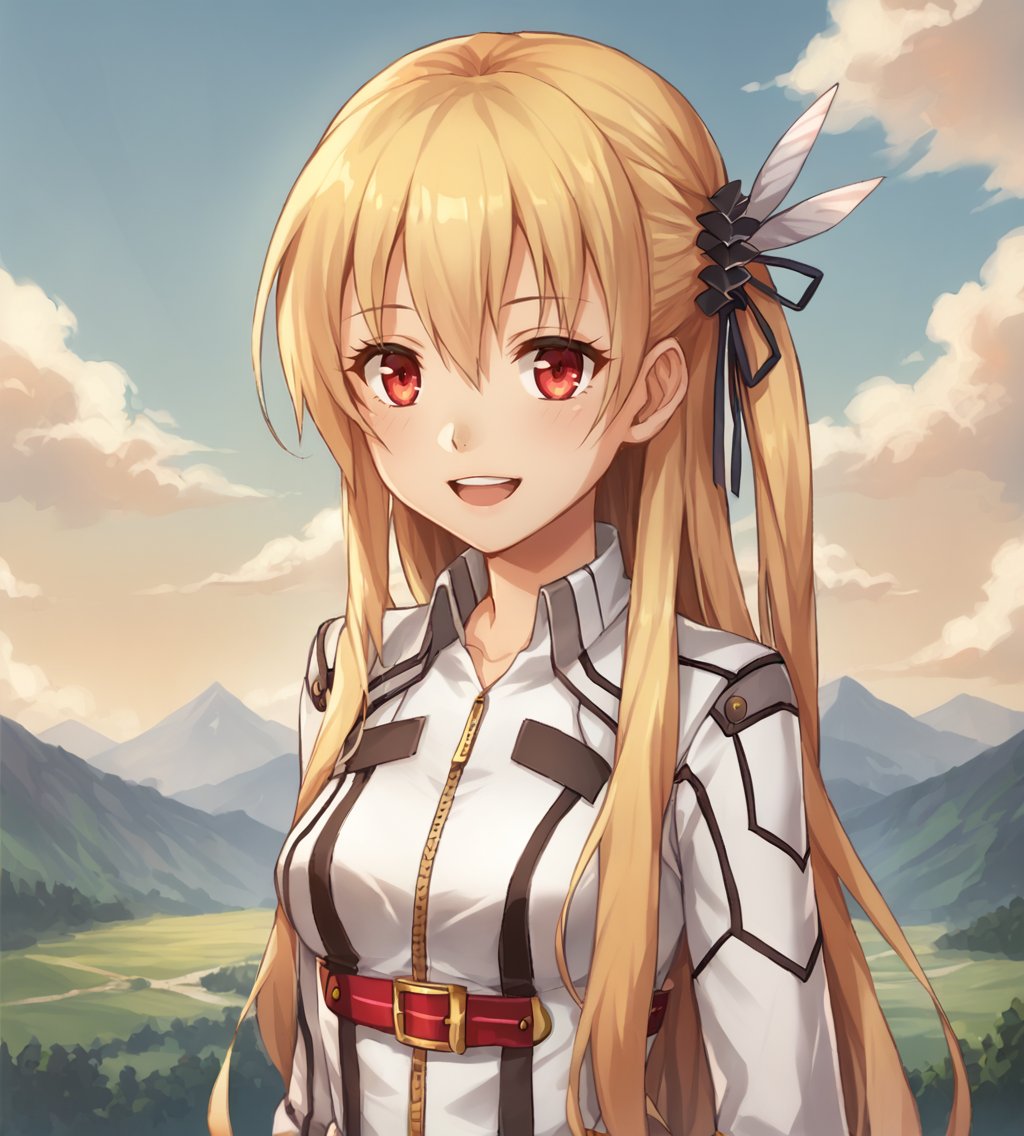 score_9, score_8_up, score_7_up, score_6_up, score_5_up, score_4_up, source_anime, rating_safeBREAK,<lora:TrailsOfColdSteel-ClassVII:0.9>, Alisa Reinford, blonde hair, long hair, hair ornament, red eyes, medium breasts, white jacket, white miniskirt, white boots, thigh boots, thighhigh boots, red belt,BREAK,1girl, solo, happy, looking at viewer, upper body, portrait,BREAK,tsukiyo_\(skymint\)BREAK,1girl, outdoors, sky, clouds, distant mountains,