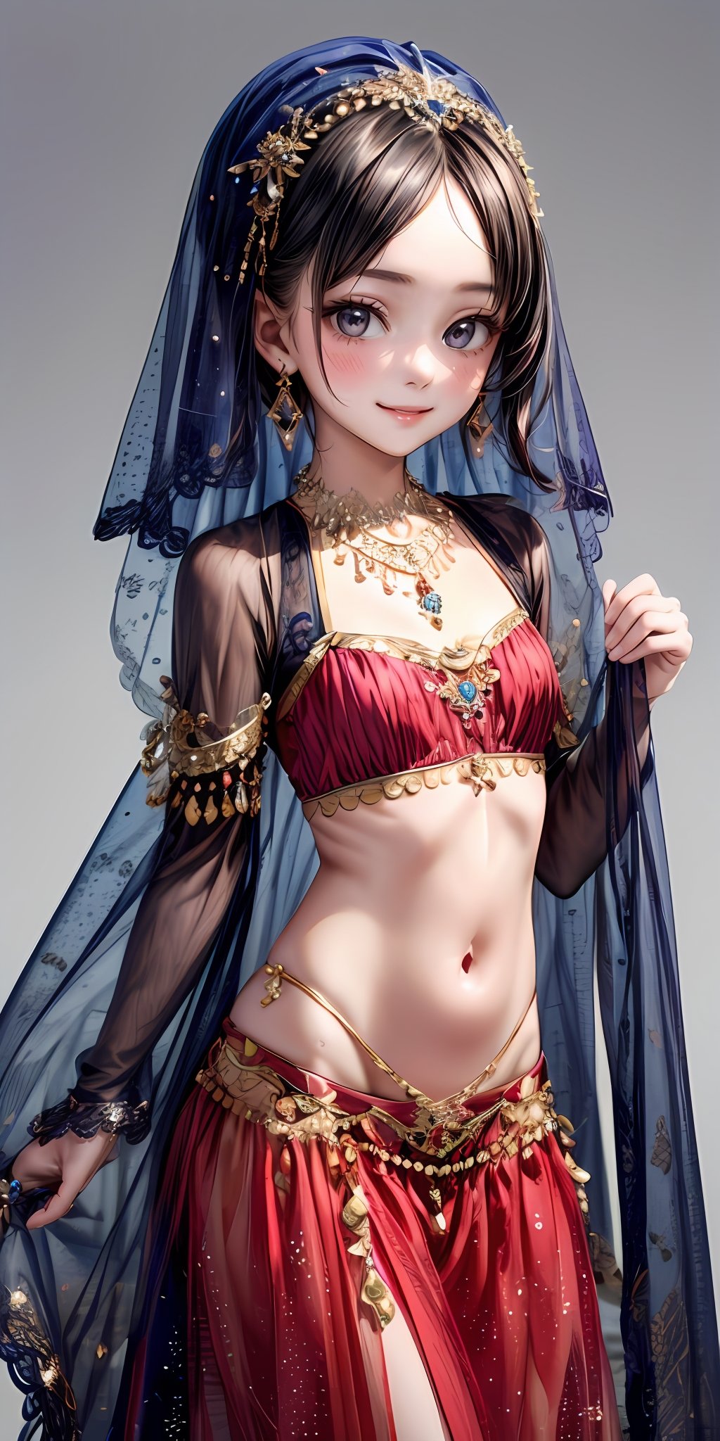 (masterpiece,ultra-detailed,best quality,8K,CG,illustration,shaved:1.0),(petite girl:1.2) <lora:more_details:1>, smile,simple background, <lora:belly dance clothes v1.0:0.5> jyojifuku, veil, midriff, necklace, earrings, see-through