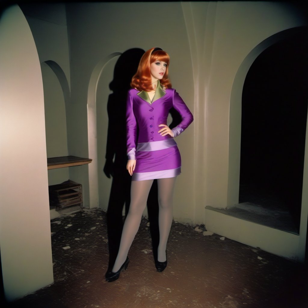 analog film photo a photo of a full body daphne blake, haunted house  <lora:DaphneBlake1024:0.8> . faded film, desaturated, 35mm photo, grainy, vignette, vintage, Kodachrome, Lomography, stained, highly detailed, found footage