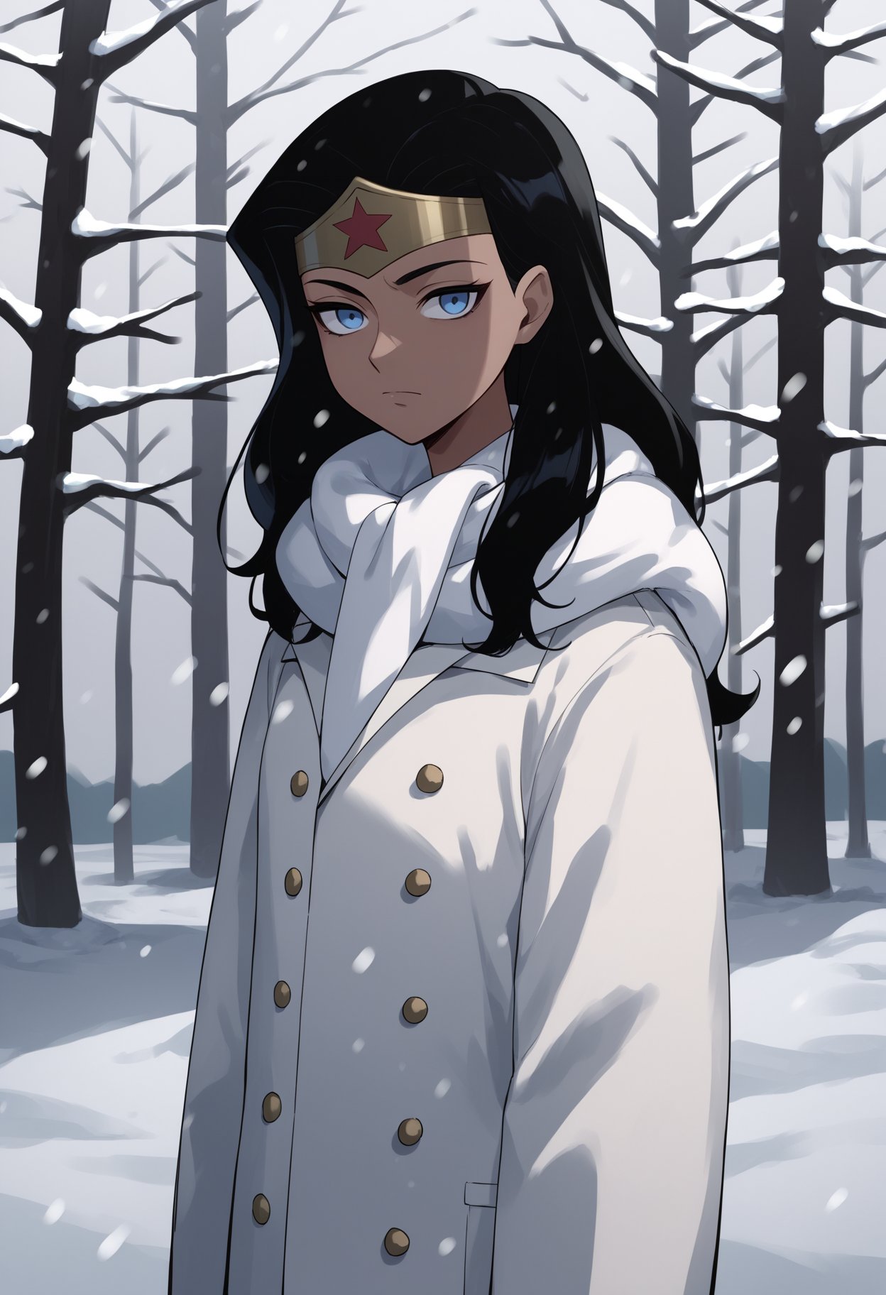 score_9, score_8_up, score_7_up, score_6_up, score_5_up, score_4_up, BREAK, source_anime,1girl, wonderwoman standing outdoors in the snow during the winter, black hair, long hair, blue eyes, dark skin,winter clothes, white scarf, coat, expressionless, looking at viewer, outdoors, snow, snowing, solo, tree, winter  <lora:WonderWomanKidsXL:1>