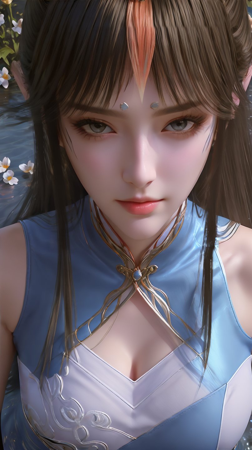 fqr,1girl,solo,black hair,long hair,looking at viewer,breasts,closed mouth,forehead jewel,shoulder cutout,facial mark,realistic,flower field,sky,river,mizu,large breasts,,,waterfall,peach_blossom,high saturation,high_contrast,standing,colorful hair,portrait,close ups,<lora:QYpifuV1:1>,<lora:玫瑰花场景-王导:0.6>