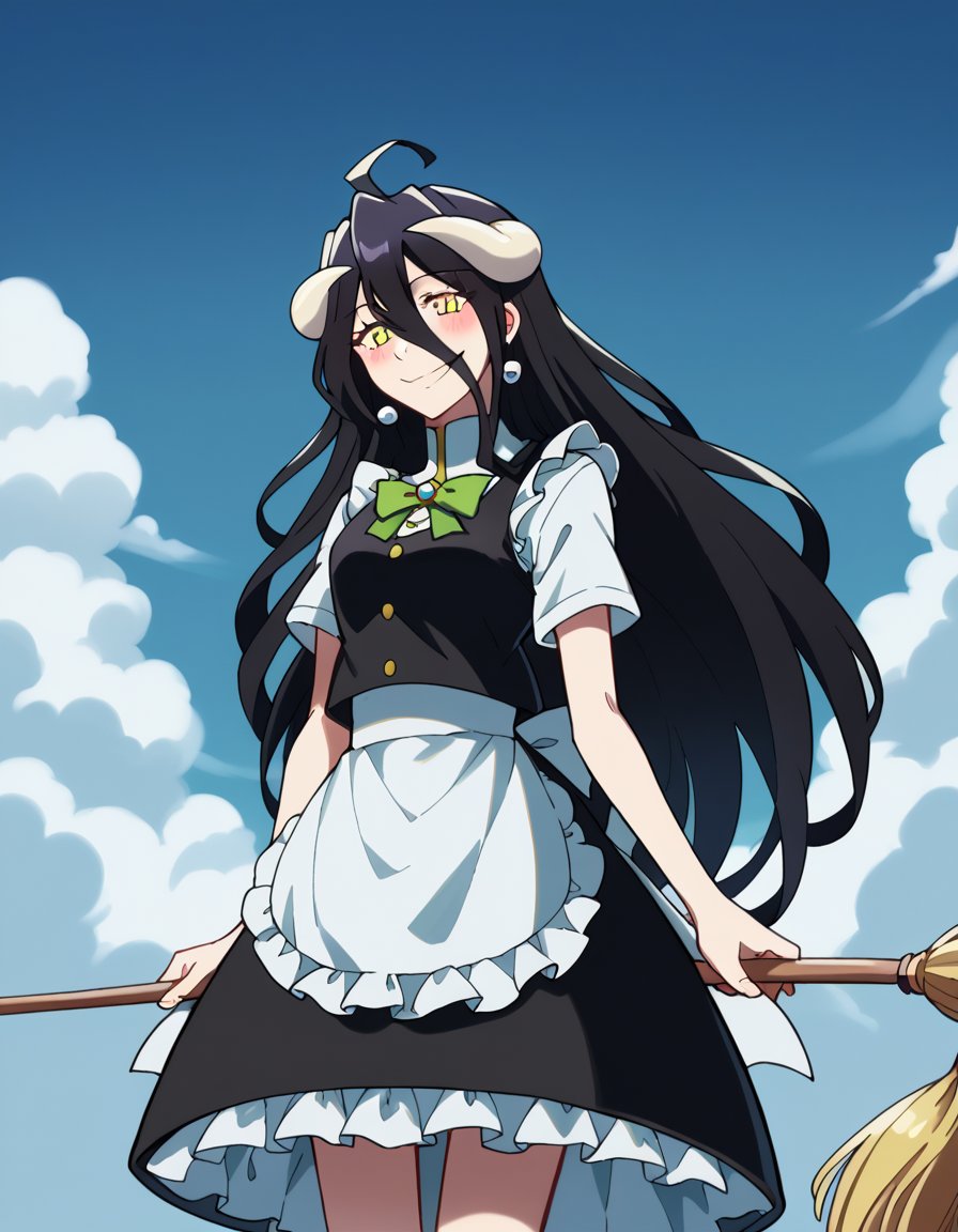 score_9, score_8_up, score_7_up, source_anime, overlordalbedo, <lora:overlord-albedo-s1s2-ponyxl-lora-nochekaiser:1>, albedo, ahoge, black hair, horns, long hair, yellow eyes,, <lora:kirisame-marisa-cosplay-ponyxl-lora-nochekaiser:1>, kirisamemarisacosplay, kirisame marisa \(cosplay\), apron, black dress, black hat, black vest, dress, earrings, frilled dress, frills, green bow, hat, jewelry, maid apron, shirt, short sleeves, vest, white apron, white bow, white shirt, witch hat, yin yang, yin yang orb,, outdoors, sky, blue sky, clouds, blush, broom, brood riding, smile,, cowboy shot, dutch angle, solo,