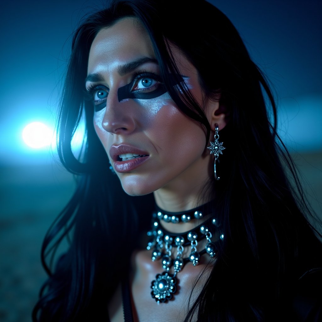 cbk, cinematic, close-up portrait, side view of  a metal rock singer, she's wearing a black widow 19th century dress with a extreme makeup,  she's brunette,big round blue eyes, big long nose, she has extreme face makeup, she's wearing necklaces, bracelets and silver rings, she is in a dry desert, at night, looking at the camera, everything is in complete darkness, but the star light up her face. The camera is on overhead shot front-facing, fog effects in background, prominent colors: blue,black, grey, silver  photorealistic, real photography, 4k, hd,  <lora:claudia-black:1>, Photorealistic, Hyperrealistic, Hyperdetailed, analog style, soft lighting, subsurface scattering, realistic, heavy shadow, masterpiece, best quality, ultra realistic, 8k, golden ratio, Intricate, High Detail, film photography, soft focus, RAW candid cinema, 16mm, color graded portra 400 film, remarkable color, ultra realistic, textured skin, remarkable detailed pupils, realistic dull skin noise, visible skin detail, skin fuzz, dry skin, shot with cinematic camera