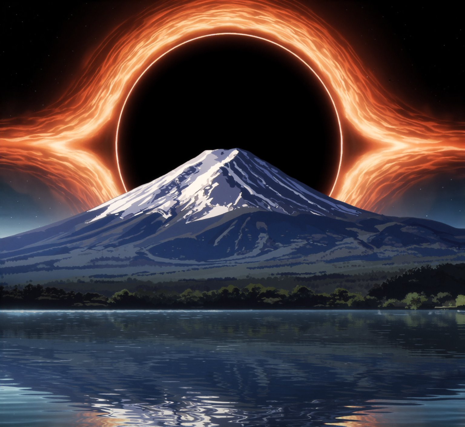 An anime style illustration. Nature.Mt. Fuji in the distance,  at the base of it a mirror lake with minimal ripples.In the...