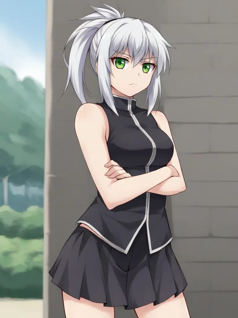 <lora:anerosecoutpony:0.8>1girl, solo, anerrolange, white hair, ponytail, green eyes, black shirt, sleeveless, black skirt, outdoors, standing, serious, looking at viewer, cowboy shot