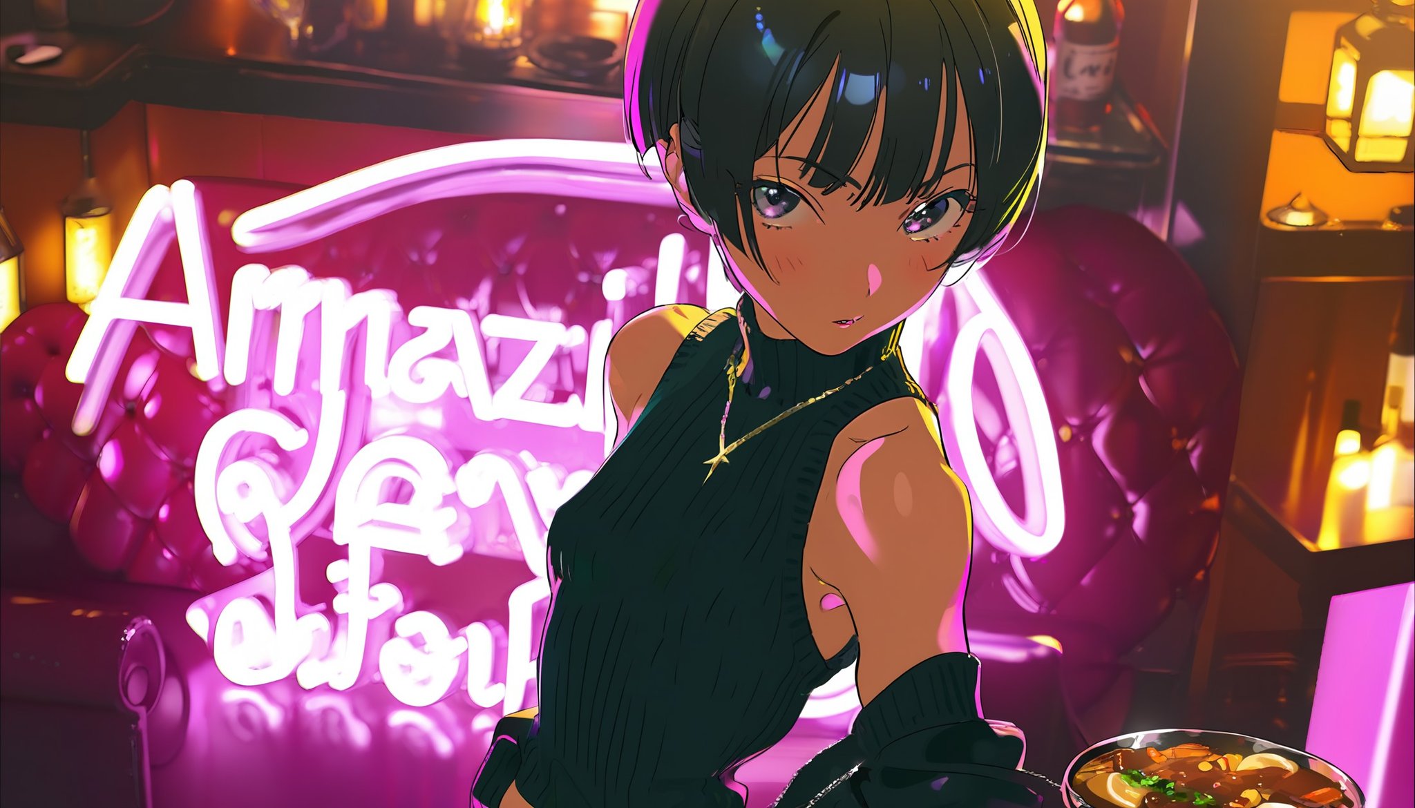 amazing quality, extremely detailed, beautiful color, aesthetic, (by yoneyama mai:0.6), high contrast, chromatic aberration, 1girl, solo, upper body, (very short:0.85) black hair, bangs, black sweater, standing, small breasts, sleeveless, pants, aesthetic, relaxing theme, luxurious and dazzling, tavern, perspective