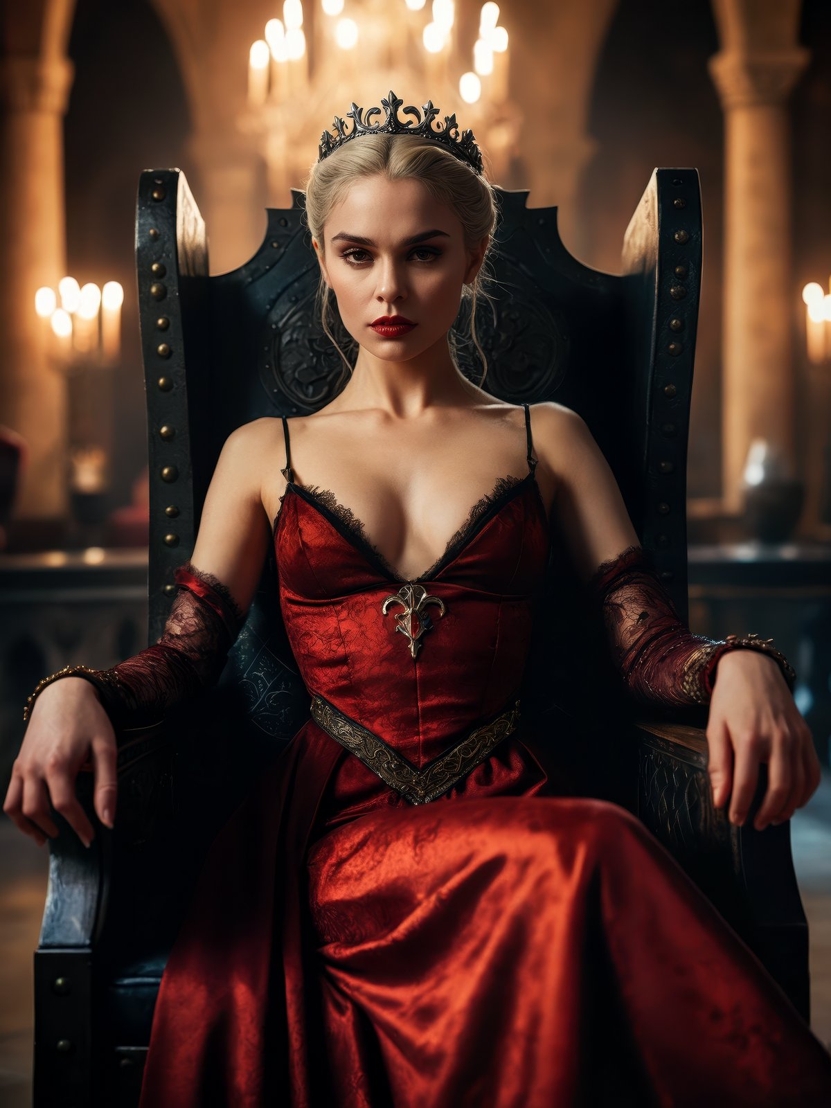 cinematic film still, (seductive royal vampire female), wearing a royal dress, sitting on chair, in luxurious fantasy castle, (Game of Thrones), toned abs, (looking at viewer:1.4), shallow depth of field, vignette, highly detailed, high budget Hollywood film, bokeh, cinemascope, moody, epic, gorgeous, film grain