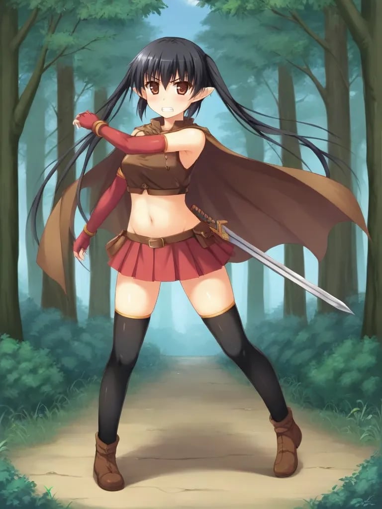 <lora:lucheforforestpony:0.7>1girl, solo, luceeoff black hair, twintails, brown eyes, pointy ears, brown croptop, sleeveless, navel, cape, elbow gloves, fingerless gloves, skirt, miniskirt, thighhighs, brown shoes, standing, outdoors, forest, full body, looking at viewer, clenching teeth, serious, holding, weapon, sword, holding sword, fighting stance