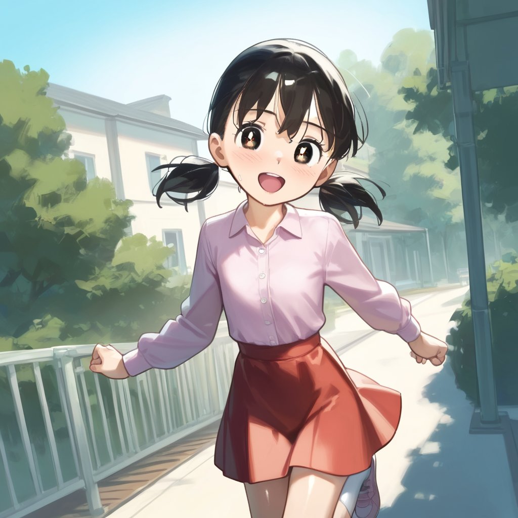 score_9, score_8_up, score_7_up, score_6_up, score_5_up, score_4_up, source_anime,minamoto shizuka,1girl, solo, skirt, outdoors, black hair, socks, white socks, twintails, red skirt, shoes, smile, shirt, open mouth, black eyes, pink shirt, looking at viewer, short twintails, kneehighs, collared shirt, long sleeves, :d, day, bright pupils, white pupils, house, low twintails, short hair, running, yellow footwear, blush, masterpiece, perfect face, best quality, beautiful eyes, shiny eyes, anime coloring, anime screencap, absurdres, outdoors,<lora:minamoto shizuka mala 922:1>