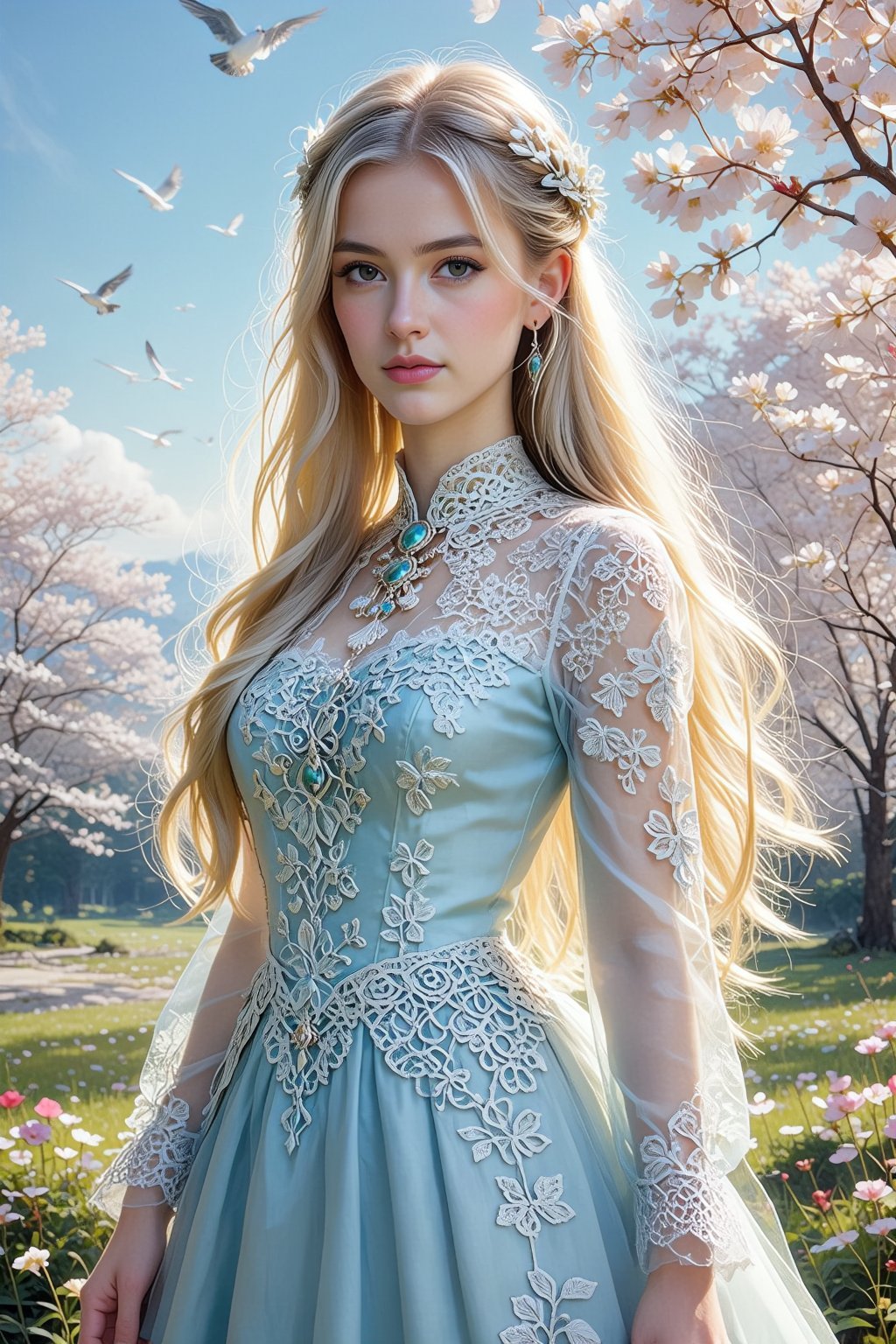 a young,  fair-skinned woman with long,  flowing platinum blonde hair. She wears an elegant by 天TIN on Tensor.Art