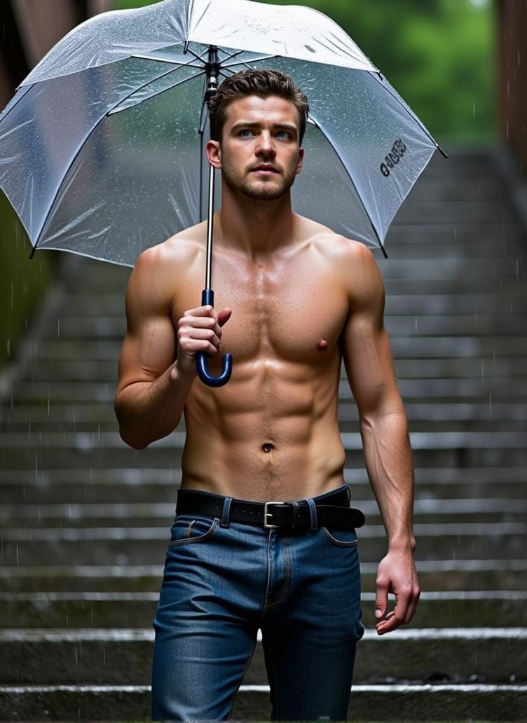 Justin Timberlake ,  stands on a large stone staircase,  the rainwater cascading on the steps. He holds a transparent umbr...